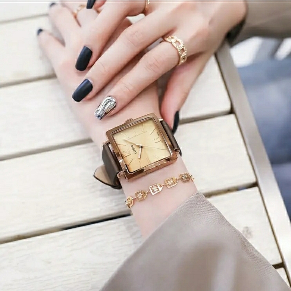 NEW! Golden Coffee Square Quartz Watch with Brown Leather Strap - Picture 12 of 12